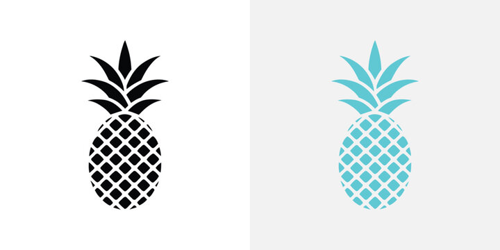 Two pineapple fruit one in solid black and one in cyan, featuring a geometric diamond pattern and leafy crown, isolated on white background