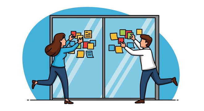 Business team brainstorming with sticky notes on glass wall