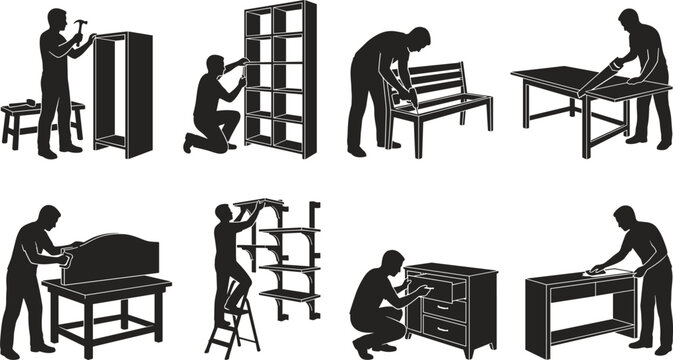 Vector silhouette collection of professional carpenters assembling repairing sawing and building various wooden furniture isolated on white background