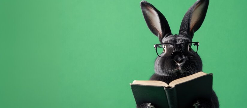 Funny smart black rabbit wearing eyeglasses holding and reading a book against a solid green background