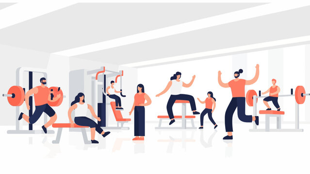 Modern Flat Vector Illustration of Diverse People Exercising and Bodybuilding in a Bright Fitness Gym Center