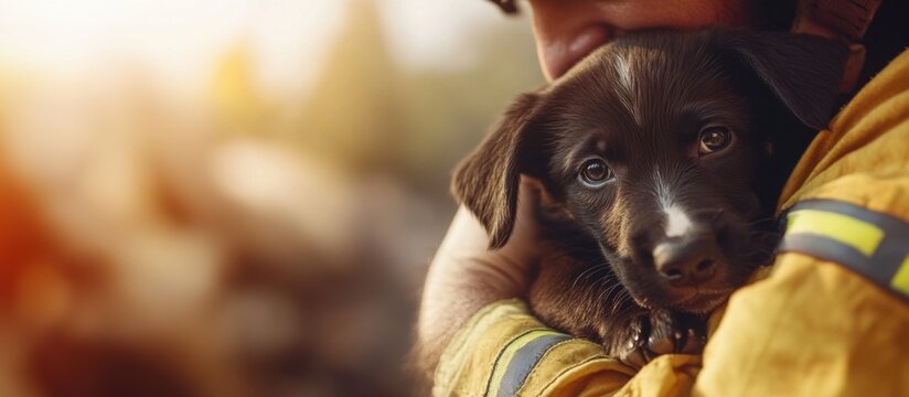 Close view of a brave firefighter in uniform gently holding a rescued small puppy. Rescue and hero concept