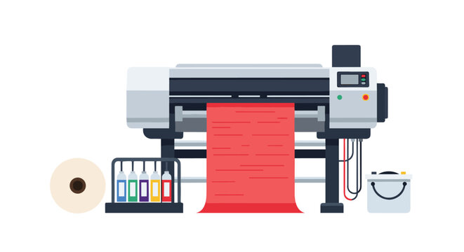 Industrial wide format textile printer printing high quality red fabric on a roll in a modern production factory.
