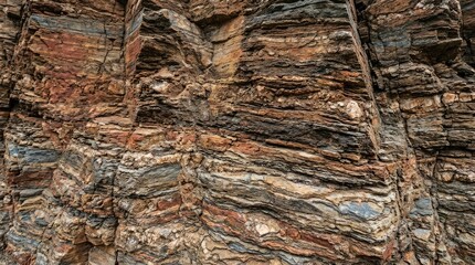 Fototapeta premium A close-up photograph showcases a rugged, layered rock formation. The rock exhibits a complex pattern of dark brown, reddish-brown, and blue-gray bands, creating a visually striking texture.