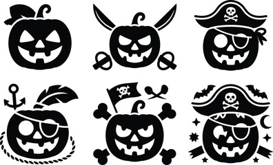Obraz premium Set of black halloween pirate pumpkins with different accessories isolated on white