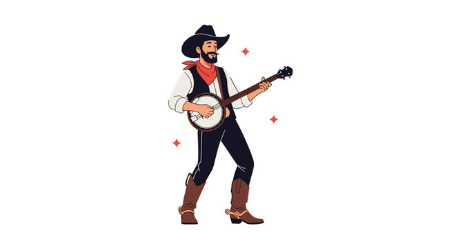 Male cowboy wearing a hat and boots stands happily playing a banjo instrument with star sparkles around him.