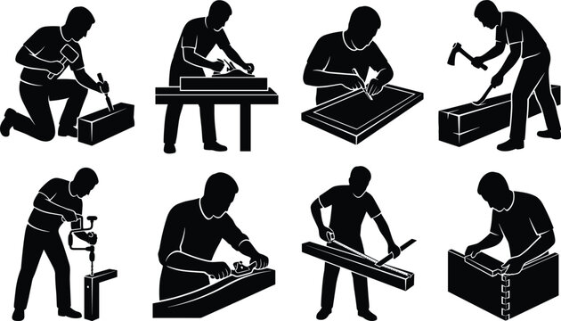 Vector silhouette collection of traditional carpenters woodworkers and craftsmen working with manual hand tools isolated on white background