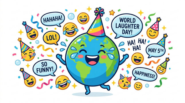 Happy Earth character celebrating World Laughter Day with emojis and confetti vector illustration for global fun and joy