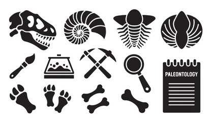 Paleontology set containing dinosaur skull ammonite fossils paw prints bones and tools. © MDNAZMUL