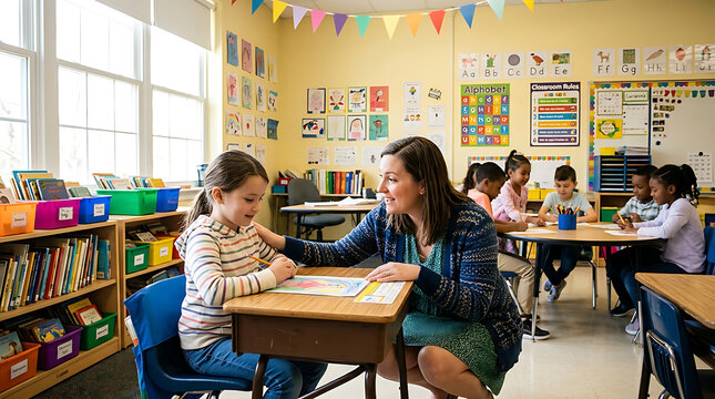 Teacher Encouraging a Shy Student in a Classroom Setting with Colorful Decorations and Educational Materials