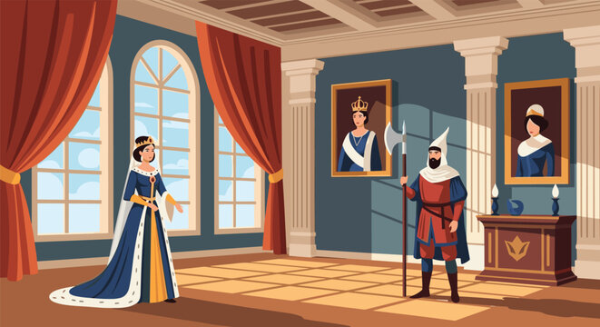Royal palace throne room featuring an elegant queen in a blue gown and a guard holding a traditional halberd weapon.