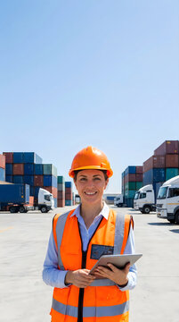 Smiling female logistics manager wearing a safety helmet and vest holding a digital tablet in a busy shipping container terminal yard