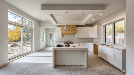 Fototapeta premium Modern kitchen under construction with white cabinets and large windows overlooking autumn trees