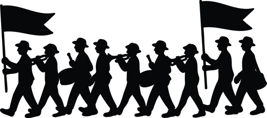 Silhouette of marching band playing instruments and holding flags in a procession  musical performance © Heramone