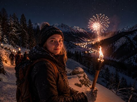 Junge Wanderin mit Fackel bei einer winterlichen Silvesterwanderung in deutschen Bergen, hinter ihr eine Gruppe, ein beleuchtetes Tal und Feuerwerk unter klarem Sternenhimmel.
