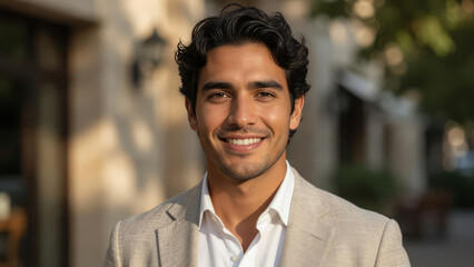 Obraz premium Smiling Young Businessman in Beige Suit Walking on Sunny City Street