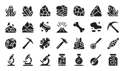 Geology and paleontology glyph icons collection minerals fossils bones volcano pickax microscope. © MDNAZMUL