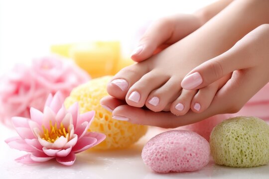 Close up of pedicure spa treatment with pink nails and lotus flower pedicure wellness treatment cosmetic skincare relaxation pampering lifestyle feminine cleansing grooming pedicured