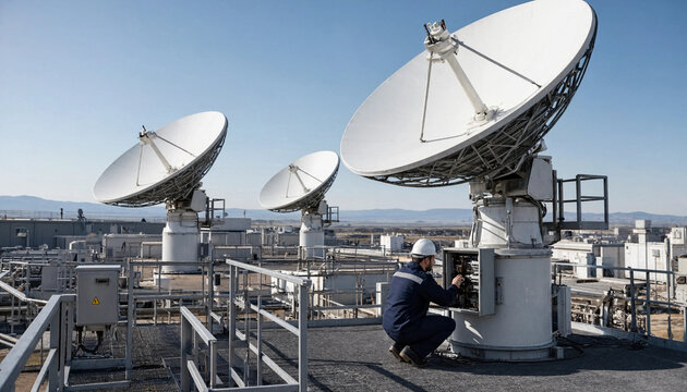 Professional technician inspecting control box of satellite dish antenna at facility with technician satellite communication engineer maintenance telecommunications technology broadcast