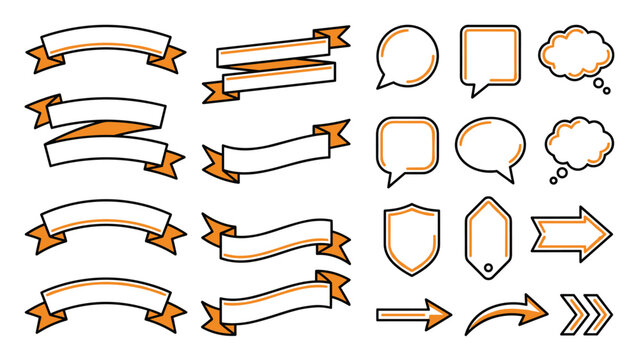 Orange ribbon banners set with blank speech bubbles price tags and navigation arrows vector illustration