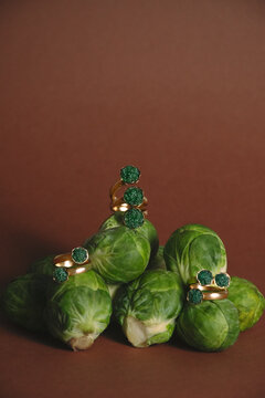 Jewelry Rings Resting on Mini Cabbages Against Terracotta Background