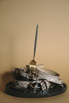 Plate of Belt Pasta with Fork in Surreal Fashion Still Life