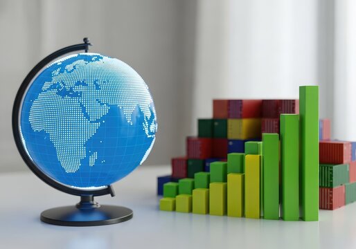 A digital globe rests on a desk near rising financial bar charts and cargo containers representing the impact of global trade fluctuations, finance, graph, connectivity