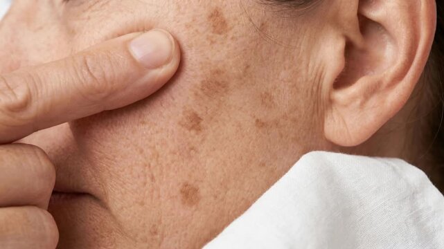 Close up of a mature woman pointing at age spots and hyperpigmentation on her facial skin, highlighting skincare concepts and dermatology awareness.