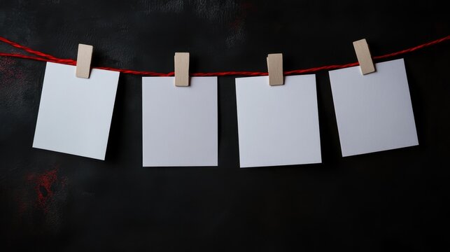 Blank white paper message notes hanging on a rope with wooden clothespins against a dark or bokeh lights background