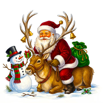 Santa Claus Riding Reindeer With Cute Snowman Illustration On Transparent Background