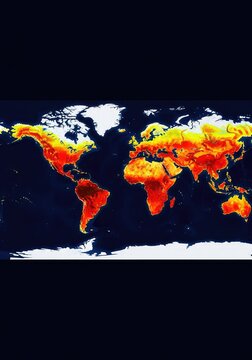 A glowing world map heat map showing critical deforestation risks and rising global temperatures due to the effects of climate change, conservation, orange, grid