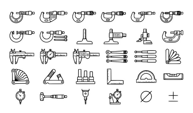 Precision Micrometer Outline Icon Collection with Engineering Measuring Tool Symbols