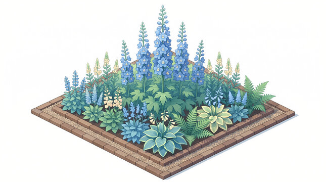 Tall Blue Delphinium Garden Spires in Isometric Floral Bed