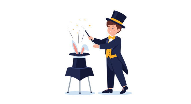 Boy magician pulling rabbit ears out of black magic hat with wand on white background with stars.