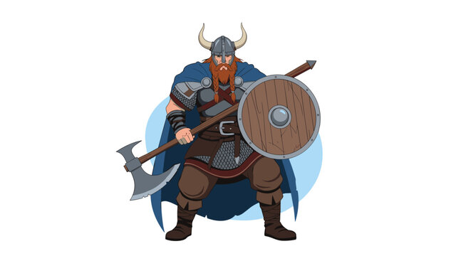 Powerful viking warrior with helmet and blue cape holding giant double axe and round wooden shield.