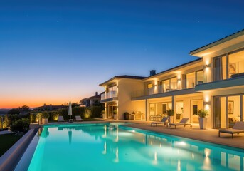 Fototapeta premium A peaceful evening view of a glowing turquoise swimming pool beside a modern luxury mansion with elegant architectural outdoor lighting, luxury, twilight, tranquil