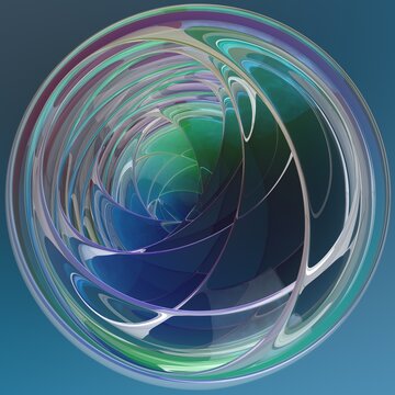 Abstract glass sphere with flowing curved lines.