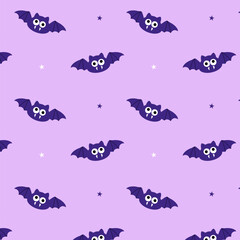 Obraz premium Spooky Halloween seamless pattern with flying purple bats vampire fangs and small stars on light violet background for festive autumn projects printing