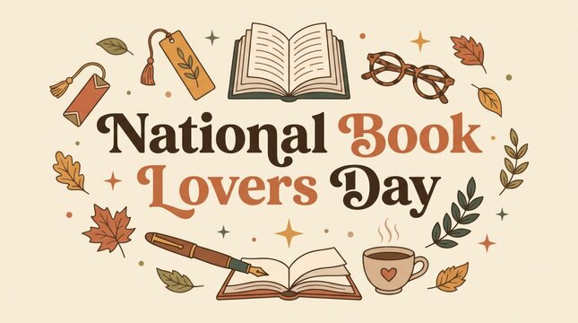 National book lovers day celebration illustration with autumn leaves and reading items