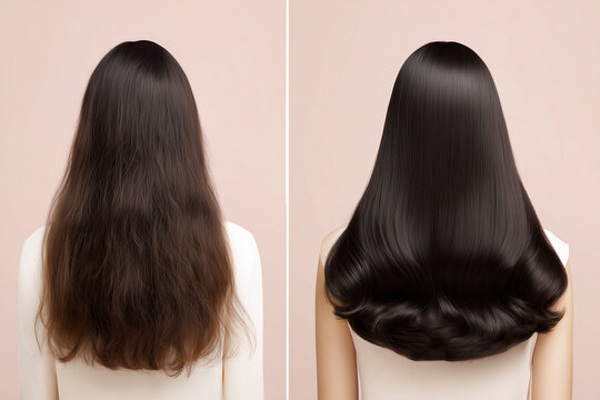 Before and after hair transformation shown on back of head. Left side displays frizzy, dry, unstyled hair. Right side shows smooth, shiny, flowing locks. Contrast emphasizes hair care results