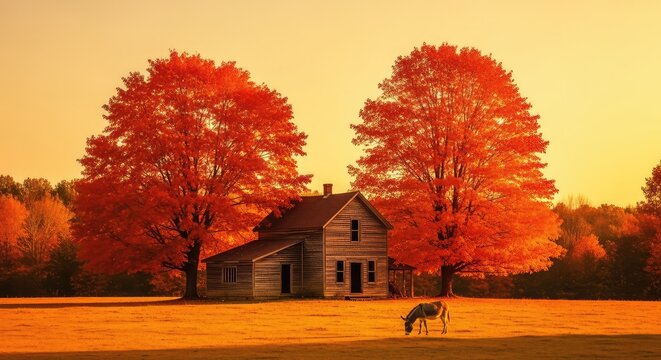 A rustic weathered farmhouse stands nestled among vibrant orange maple trees while a lone donkey grazes in the pasture under a golden sky, architecture, donkey, agriculture
