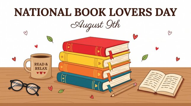 National book lovers day illustration with colorful books and reading accessories