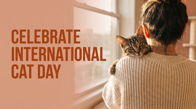 Person petting small cat on wooden table near window
