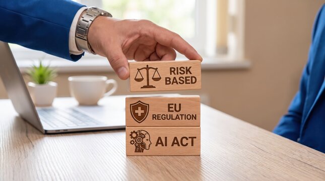 Hand placing risk-based ai act regulation box on laptop