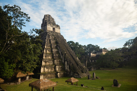 Angled view of ancient Templo del Gran Jaguar pyramid in Tikal