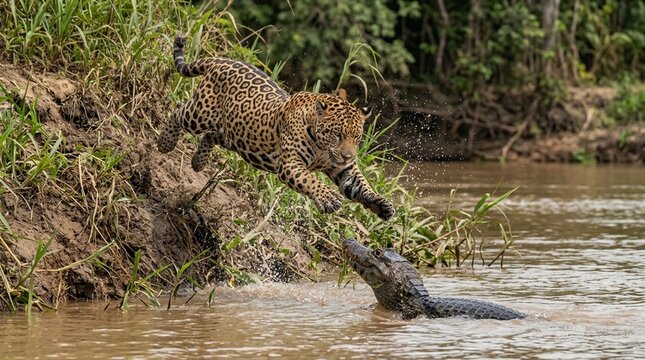 jaguar diving toward a yacare caiman