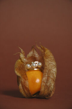 Elegant Ring Resting on Physalis Fruit with Natural Husk