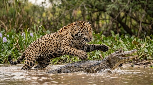 jaguar moments before capturing a yacare caiman