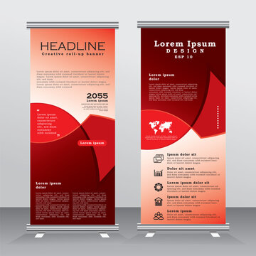 Business roll up banner template design for your event, vertical bannar, modern x-banner with red, Bussiness standees banner advertising. roll up vector template, eps 10