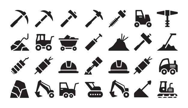Heavy duty mining machinery and quarrying equipment icons with excavators and explosives.
